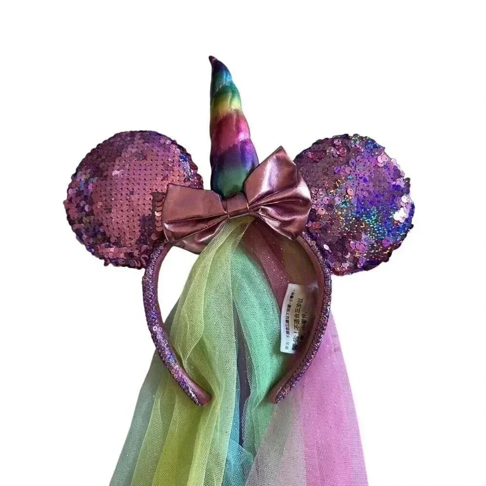 Disney Parks Minnie Mouse Ears Pink Purple Sequin Unicorn Rainbow Veil Headband - Picture 2 of 6